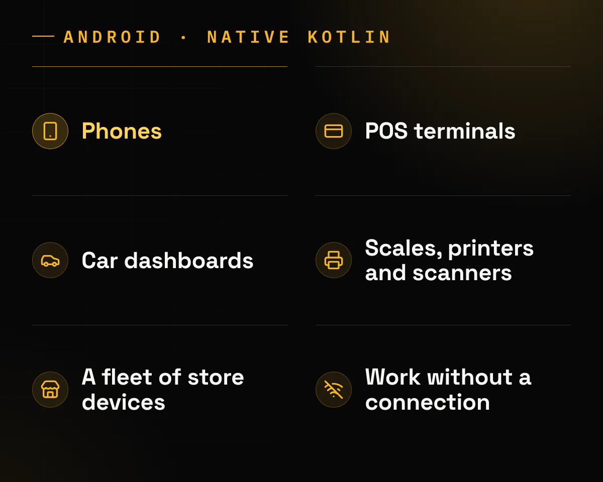 Six tiles: phones, POS terminals, car dashboards, scales, printers and scanners, a fleet of store devices, and work without a connection.