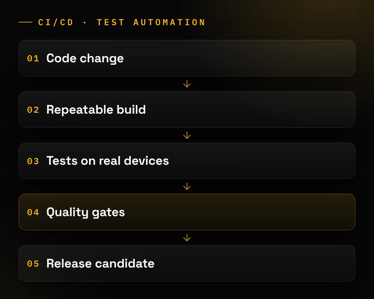 Five steps from a code change to a release candidate: code change, repeatable build, tests on real devices, quality gates, release candidate.